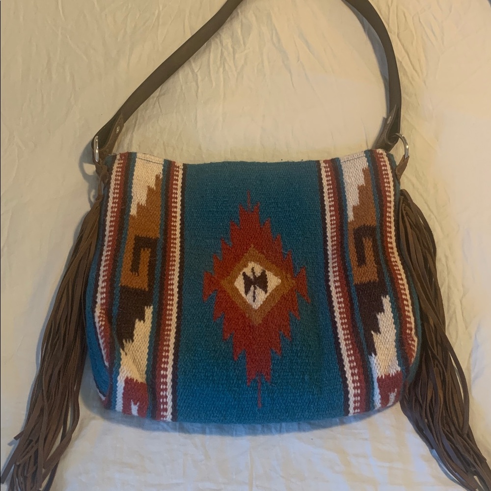 Southwestern Fringe Shoulder or crossbody bag with tooled strap - Picture 2 of 11